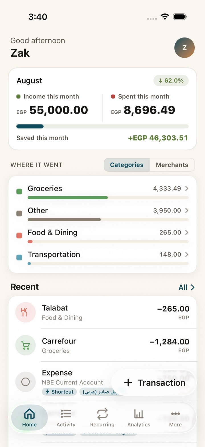 Masarefy Home screen showing August income and spending, a category breakdown, and recent transactions imported from bank SMS.