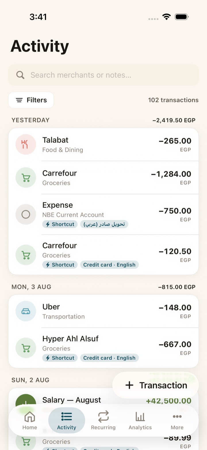 Activity screen listing transactions grouped by day, each tagged with the wallet and the Shortcut that imported it.