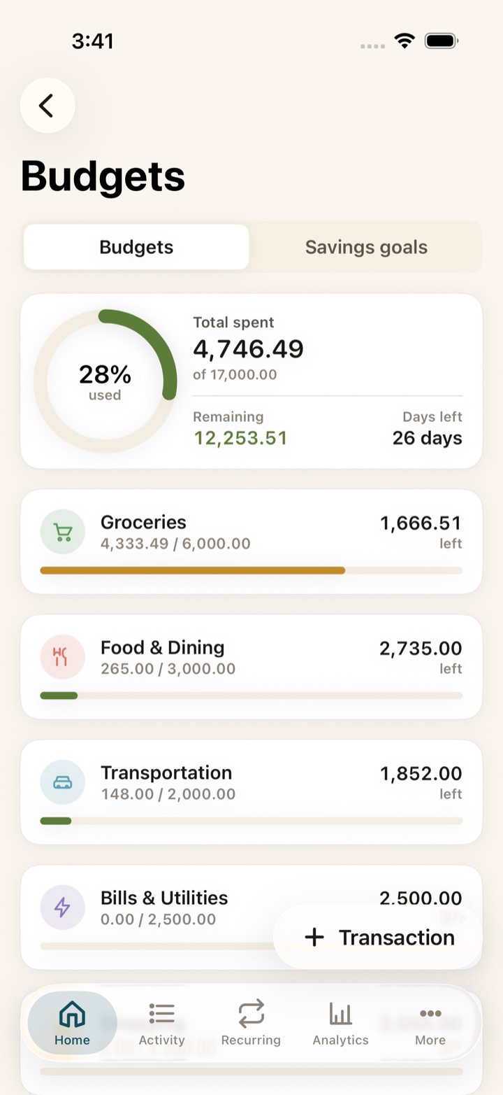 Budgets screen showing monthly category caps with progress against each one.