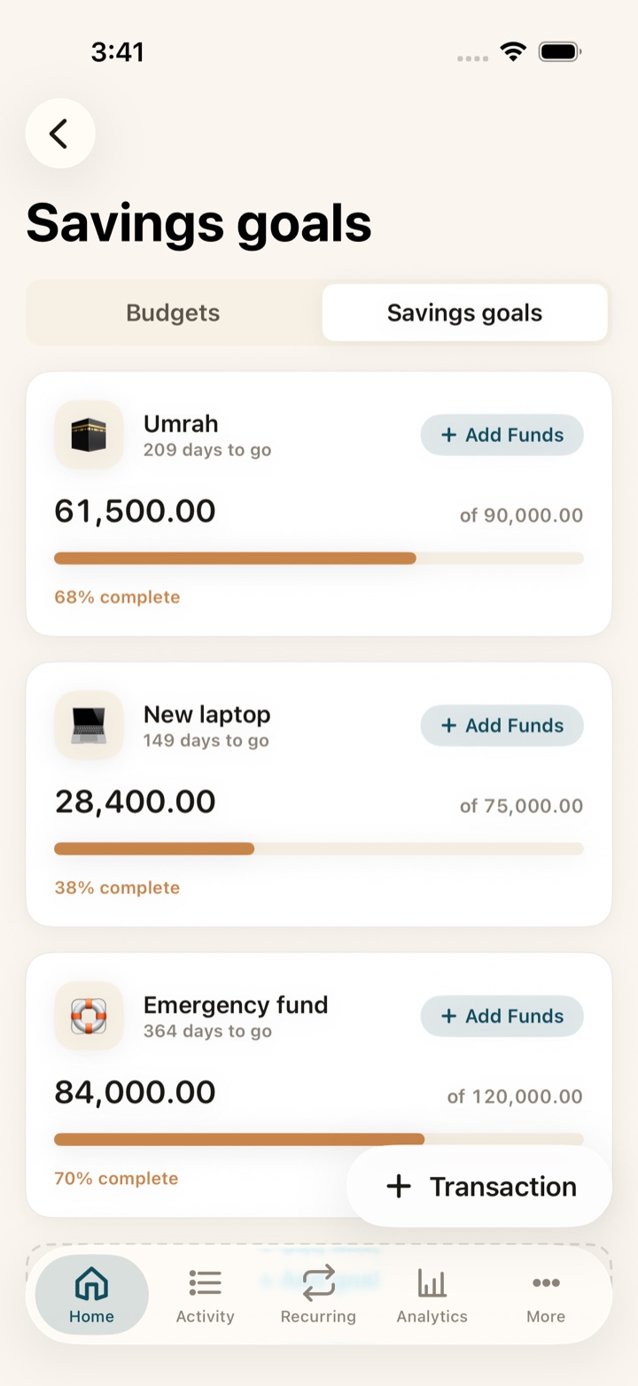 Savings goals screen with progress towards Umrah, a new laptop, and an emergency fund.