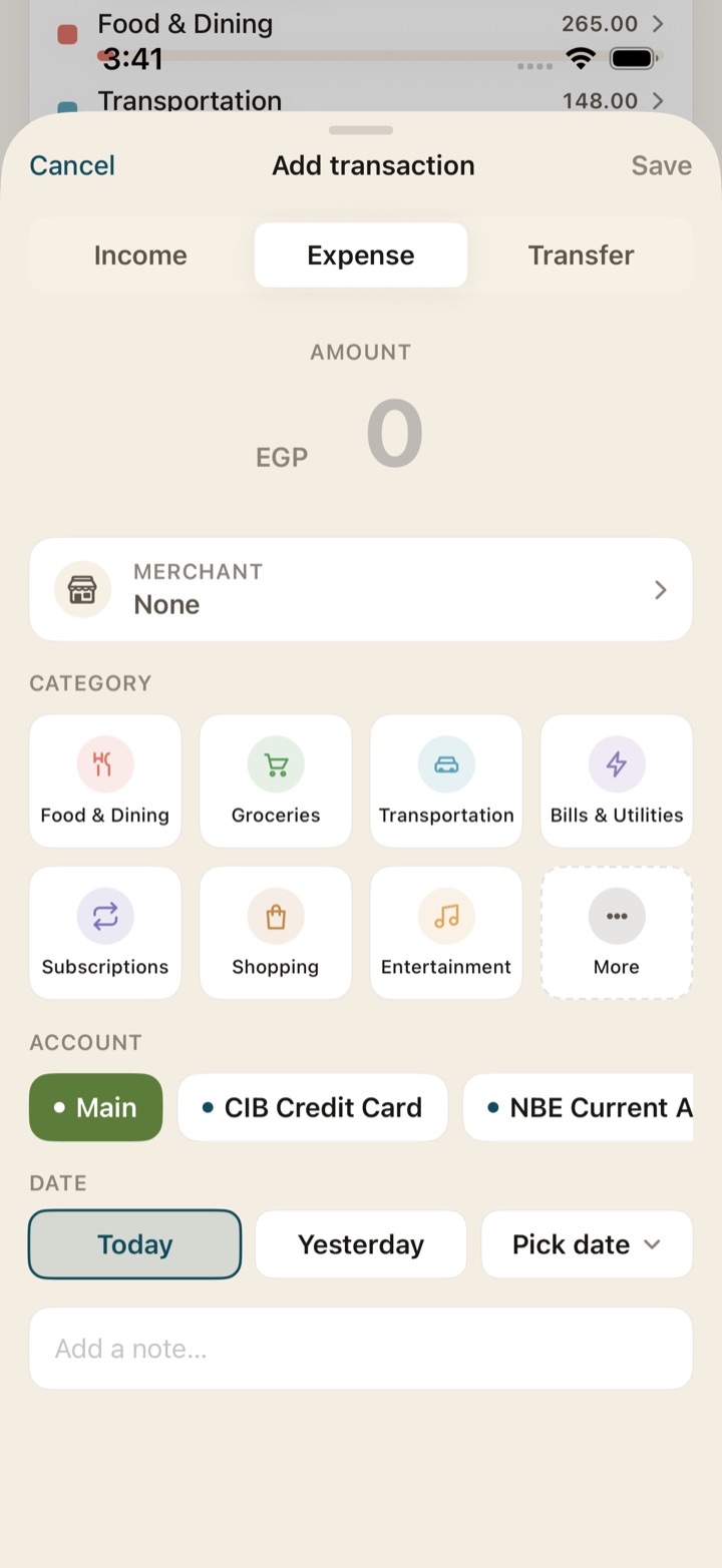 Add transaction sheet with amount keypad, category picker and wallet selection.