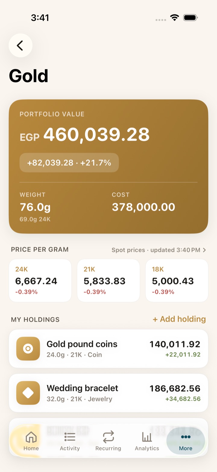 Gold screen showing portfolio value, per-gram prices for 24k, 21k and 18k, and individual holdings.