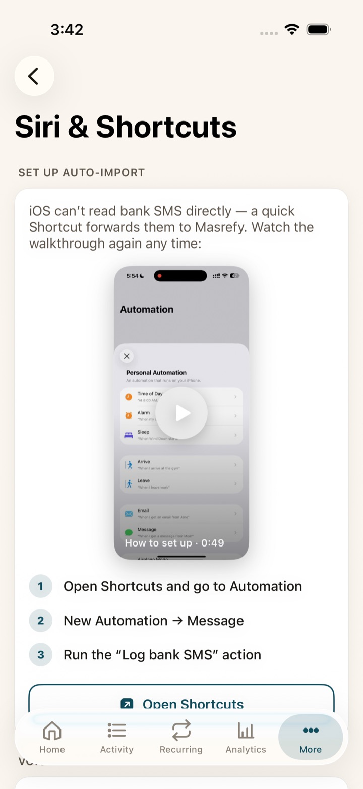 Masarefy&rsquo;s Siri & Shortcuts screen, showing the auto-import walkthrough video and the three setup steps: open Shortcuts and go to Automation, New Automation then Message, run the Log bank SMS action.